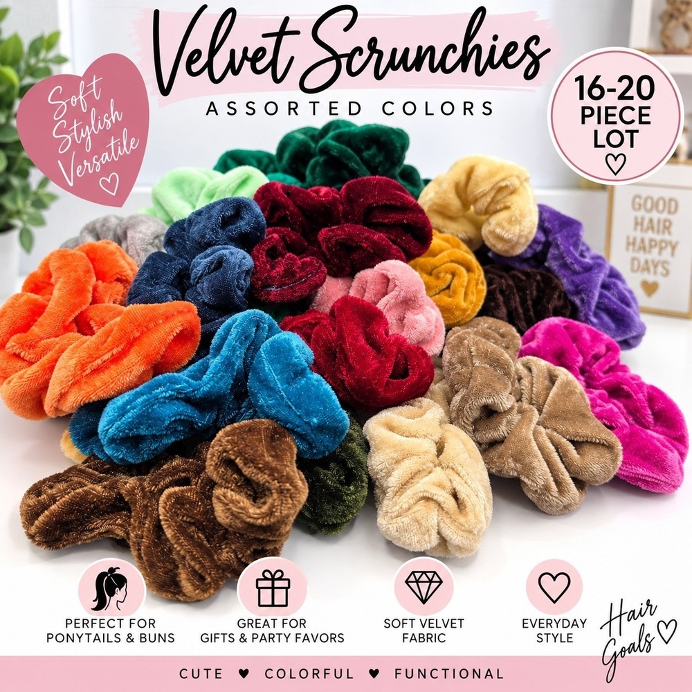 Assorted Velvet Scrunchies Hair Ties Multicolor Soft Ponytail Holders 16-20 Pc